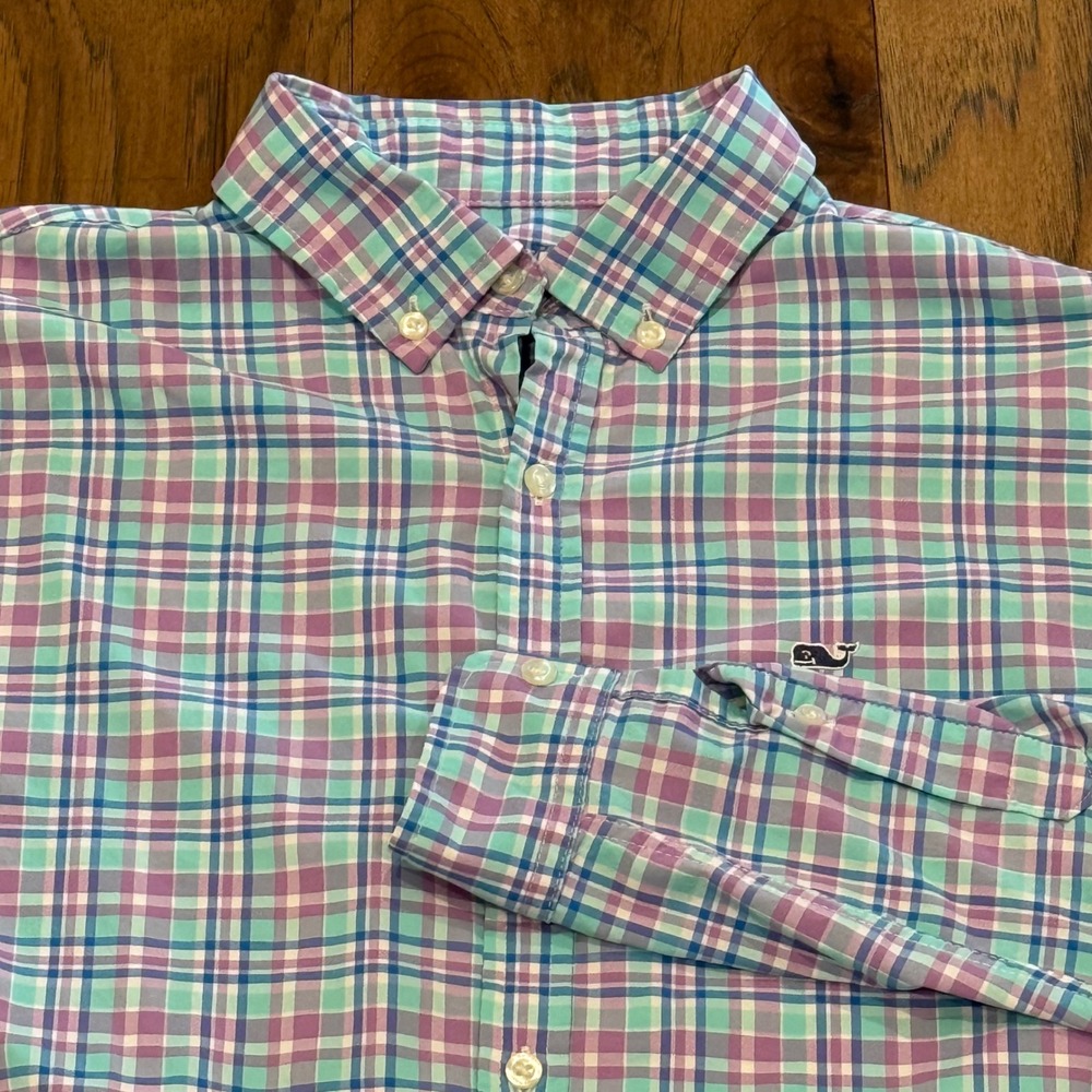 Vineyard Vines Performance Boys XL 18 Plaid Button Down‎ Shirt Purple Blue Green